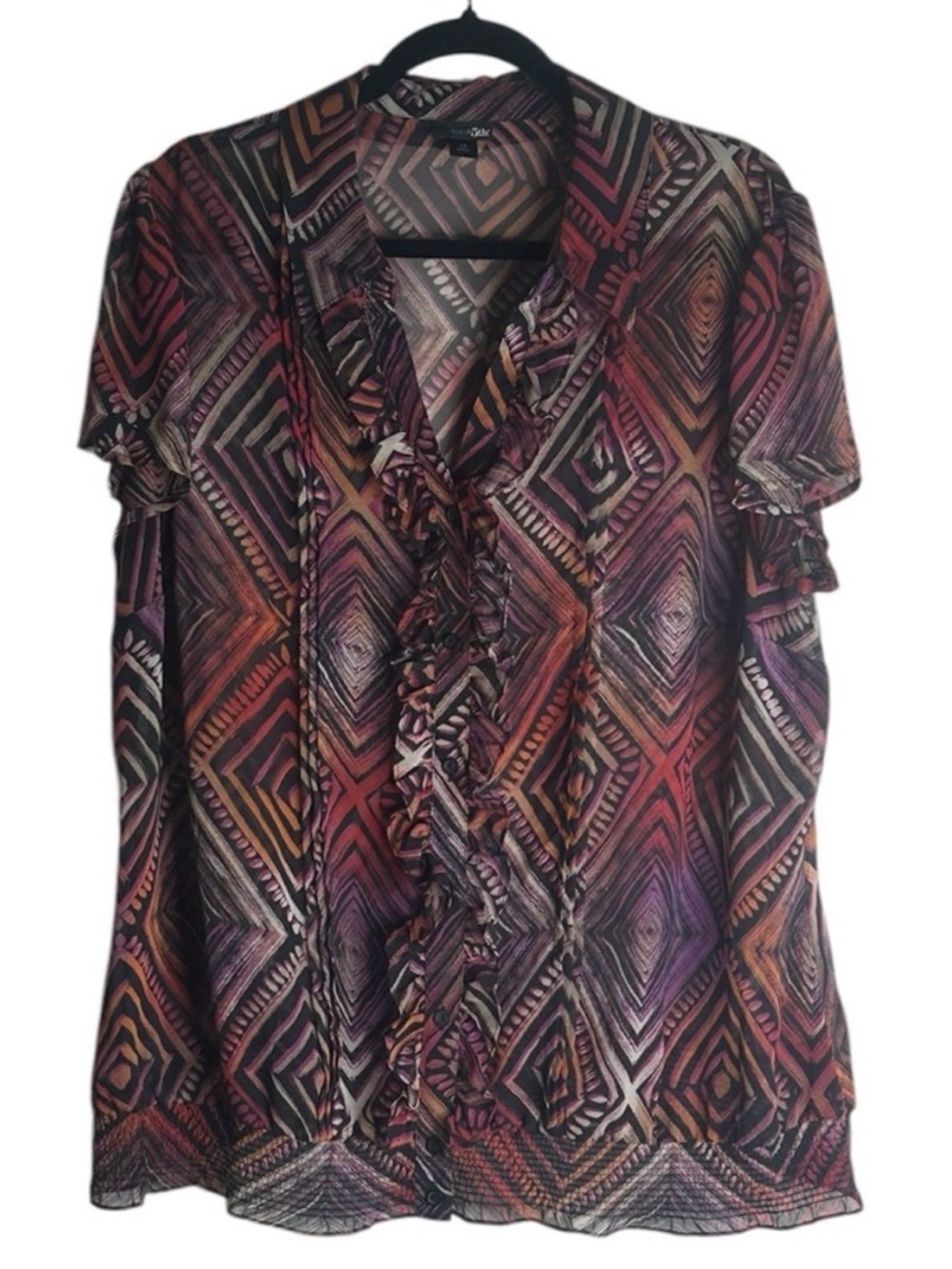 East 5th Geometric Ruffle-Front Sheer Blouse with Elastic Hem 1X